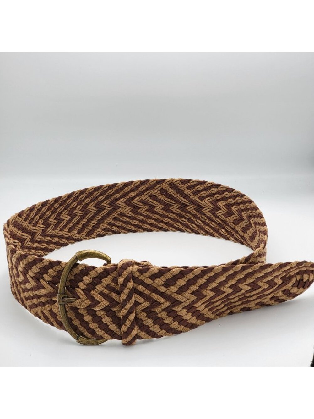 VTG Boho Woven Brown & Tan Braided Belt With Brass Buckle